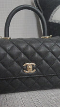 Load and play video in Gallery viewer, Chanel Black Caviar Champagne GHW Coco Handle Flap Bag size Small with Detachable Strap
