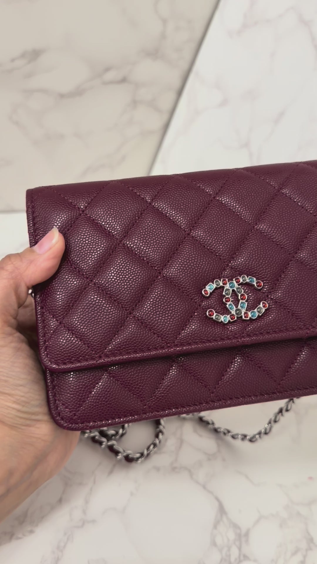 CHANEL 2024 Burgundy Caviar SHW Classic Wallet on chain (WOC) with crystal CC Logo