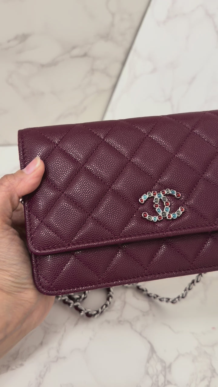 CHANEL 2024 Burgundy Caviar SHW Classic Wallet on chain (WOC) with crystal CC Logo