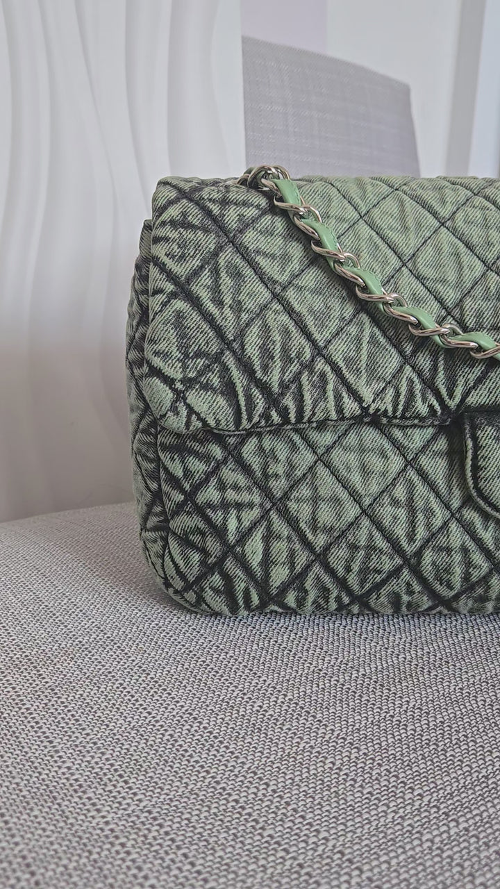 CHANEL Green Denimpression SHW size Jumbo Single Flap Bag