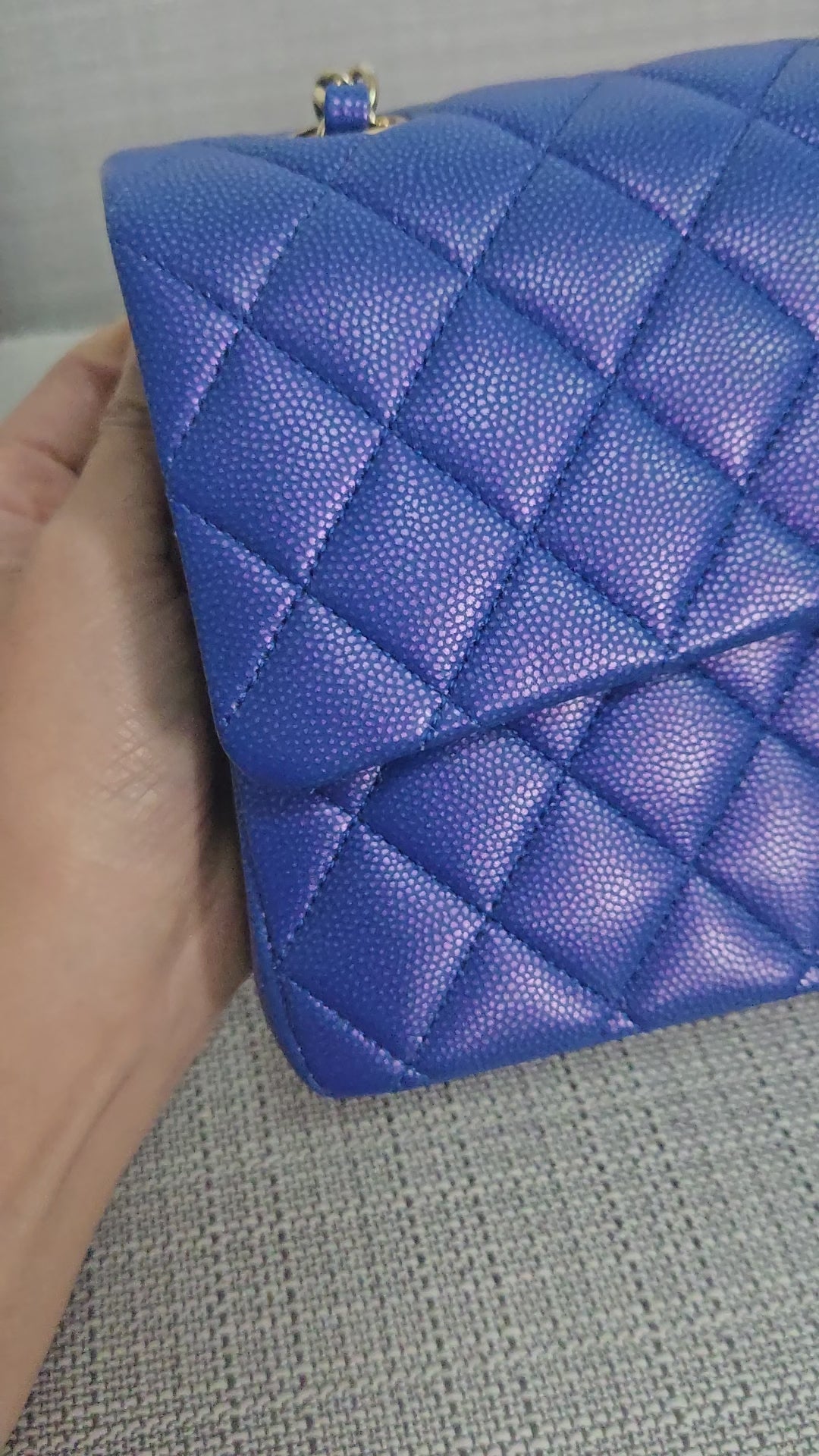 Chanel series 31 Iridescent Cobalt Blue Caviar Medium ML Timeless Classic Double Flap Bag with Champagne GHW