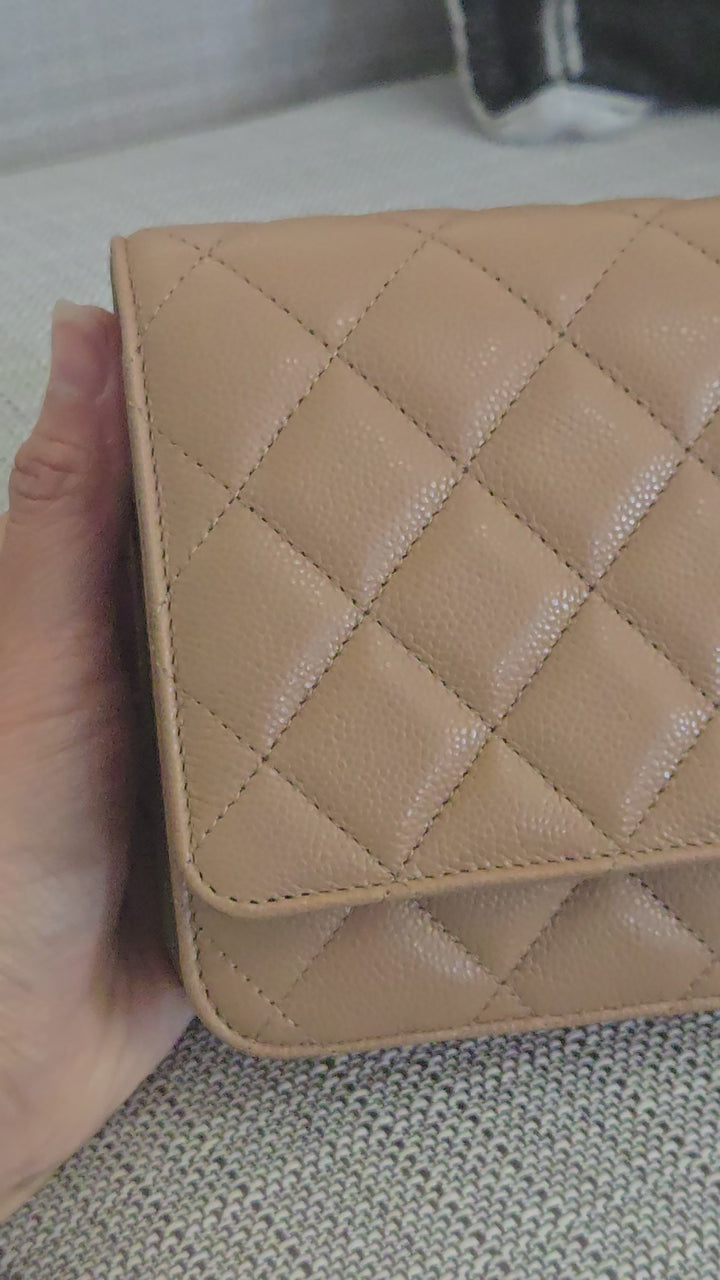 Chanel Dark Beige Caviar Champagne GHW Classic Wallet on Chain (WOC) 2023