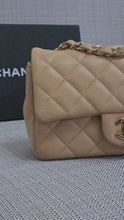 Load and play video in Gallery viewer, Chanel 22C 2022/2023 Cruise Collection Beige Lambskin Classic Mini Rectangular Flap Bag with Champagne GHW
