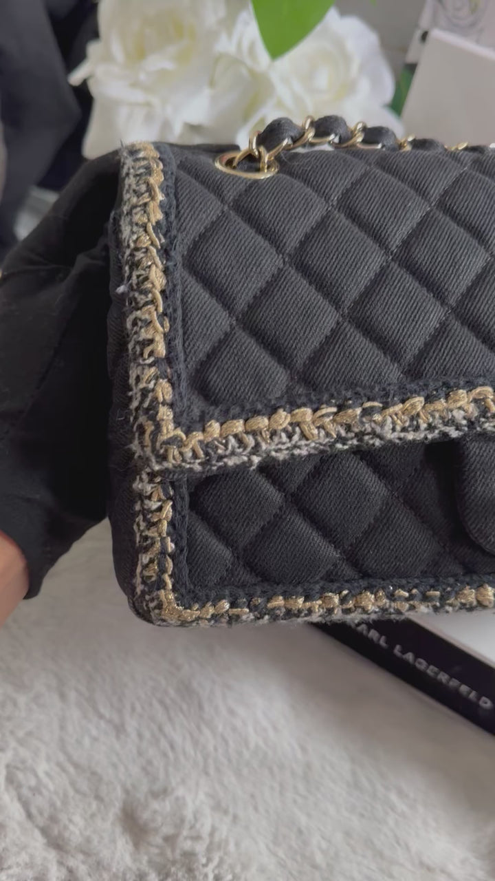 Chanel series 26 Black Denim LGHW Braided in Gold/White/Black Medium Flap Bag