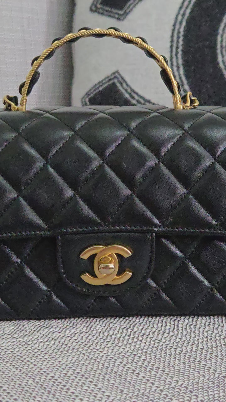 Chanel Black Lambskin Mini Rectangular Flap Bag with Top Handle GHW