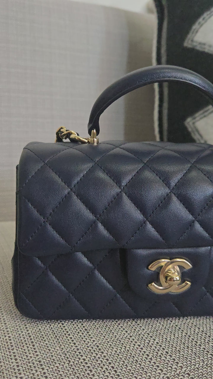 Chanel Navy Lambskin Mini Rectangular Flap Bag with Champagne GHW and Top Handle