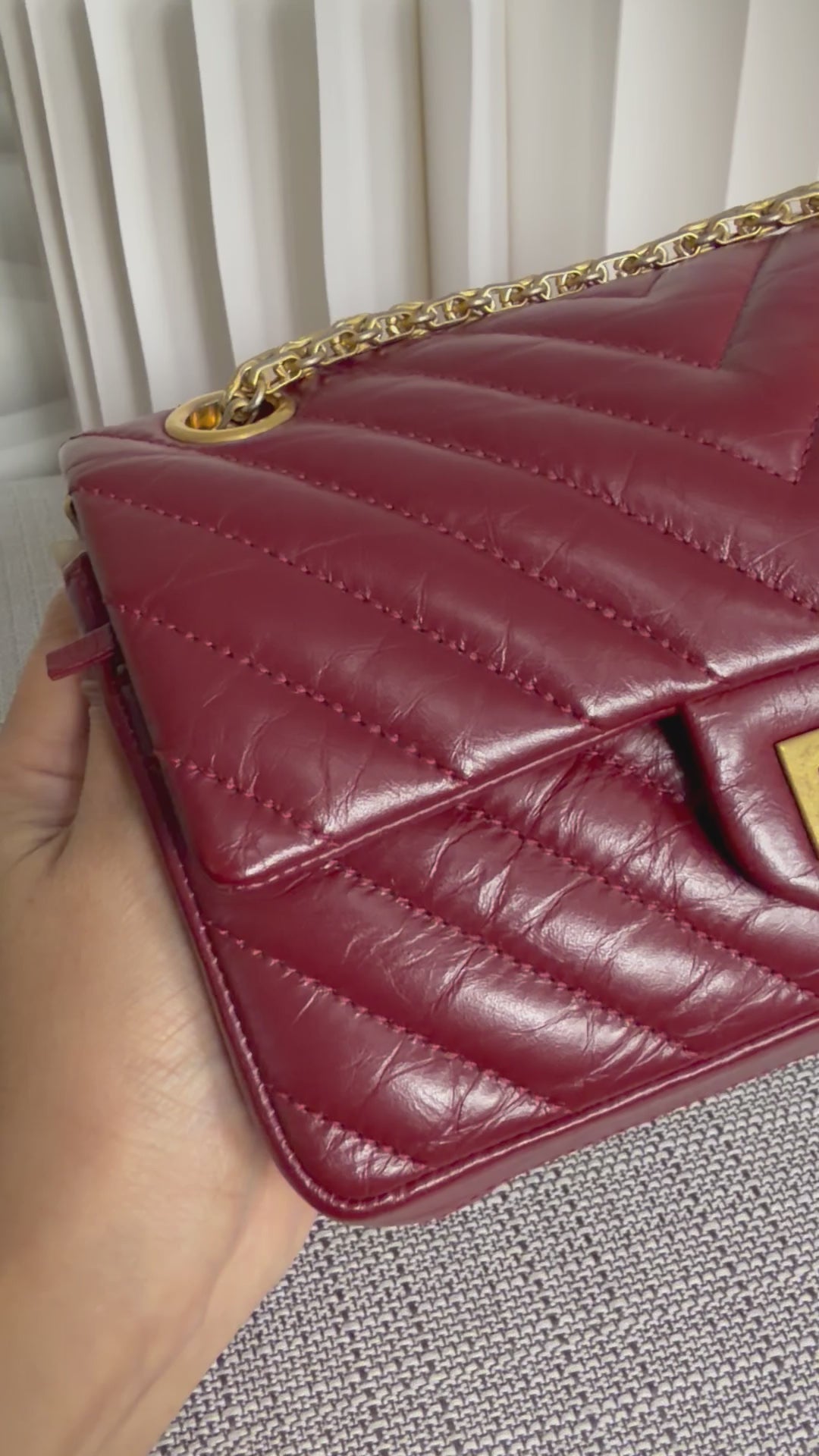 CHANEL 16A collection 2016 Series 23 Burgundy Calf skin Chevron Mini Reissue Flap Bag with Aged GHW