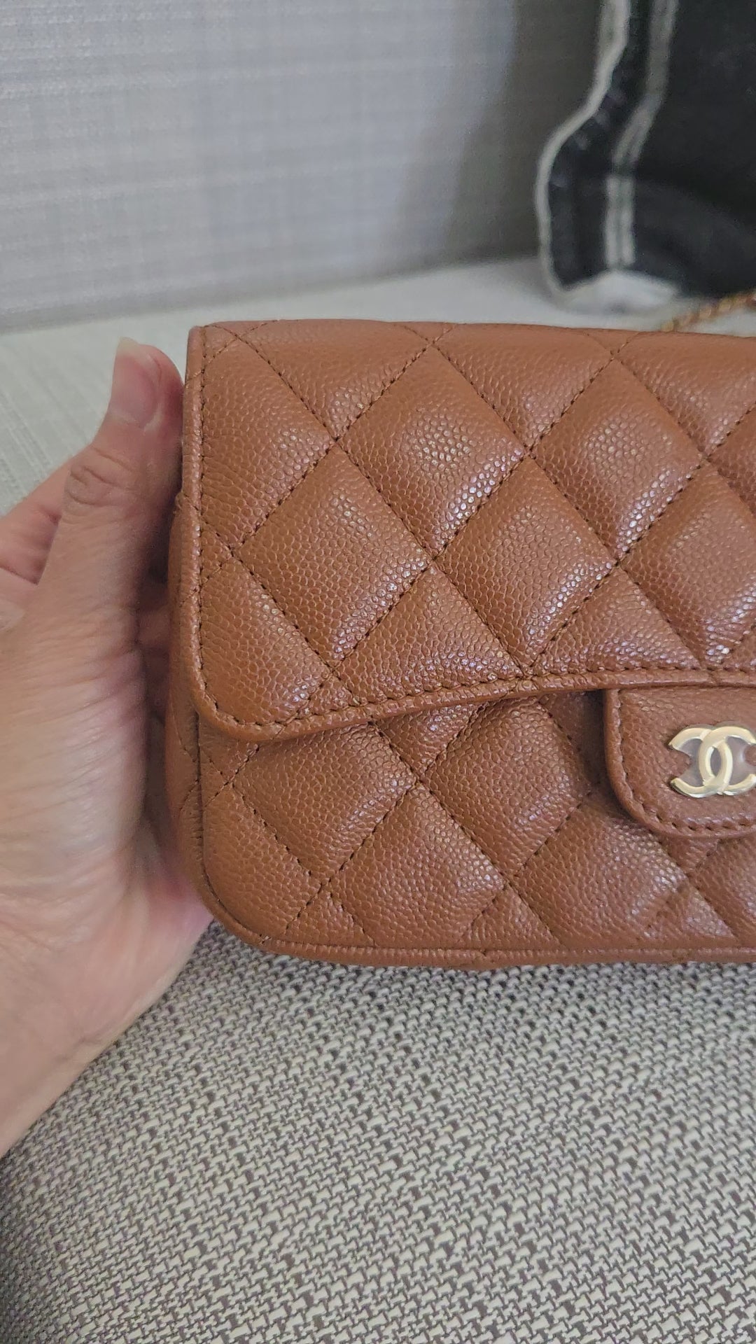 Chanel 2023 Caramel Brown Caviar Champagne GHW New Style Wallet on chain (WOC)
