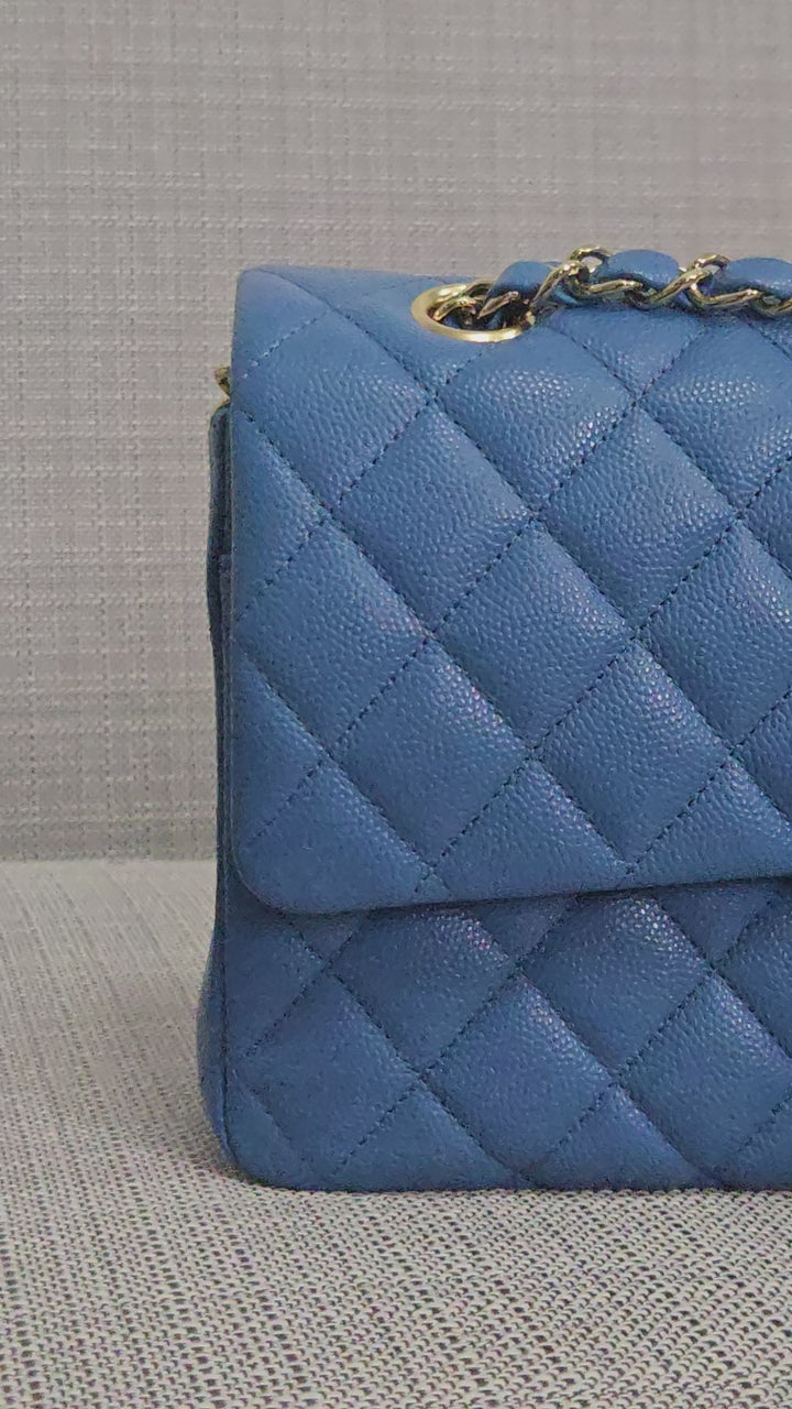 Chanel Series 30 Blue Caviar Medium Timeless Classic Double Flap Bag with Champagne GHW