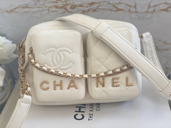 Chanel 22C White Calfskin GHW Small Camera Case Bag with Adjustable Strap