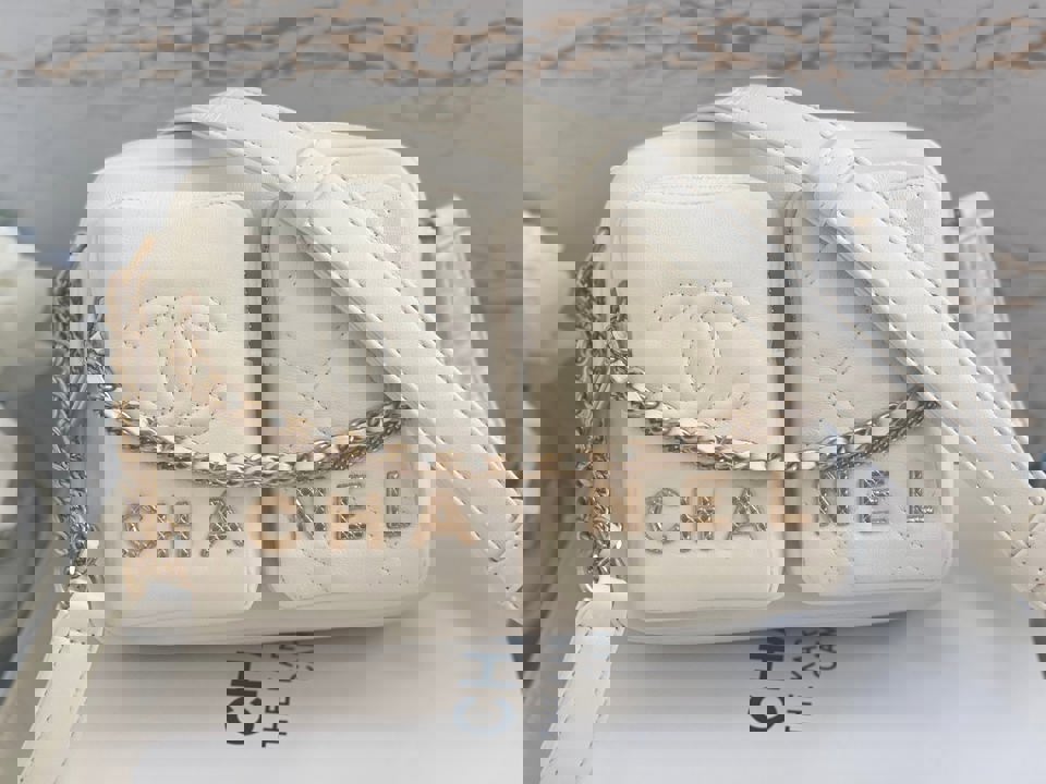 Chanel 22C White Calfskin GHW Small Camera Case Bag with Adjustable Strap