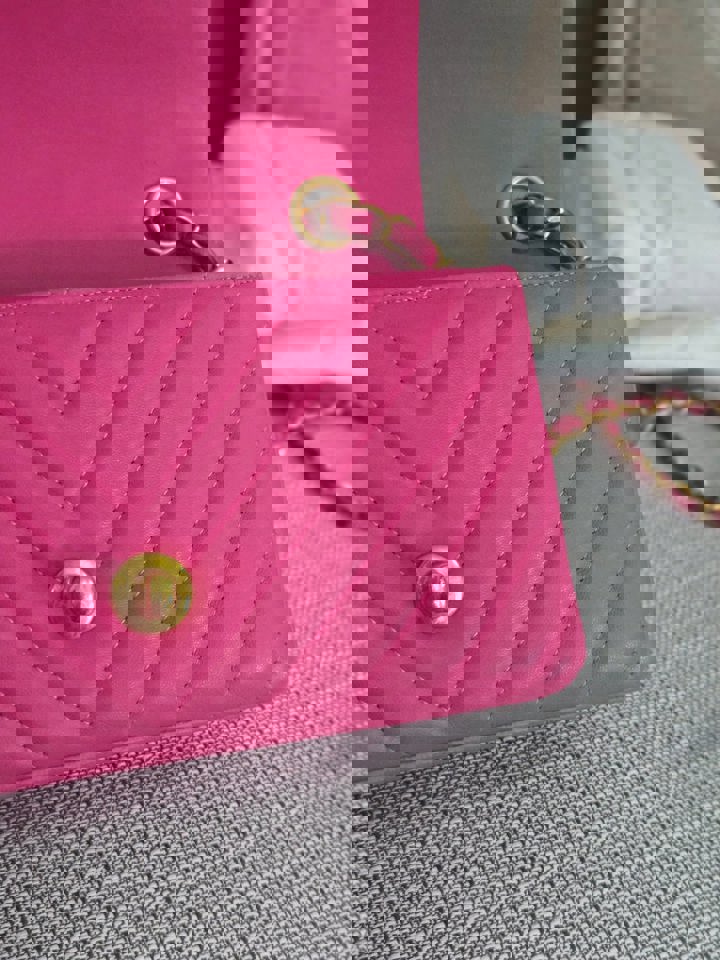 Chanel series 21 Barbie Pink Lambskin Chevron Mini Rectangular Flap Bag with Yellow GHW