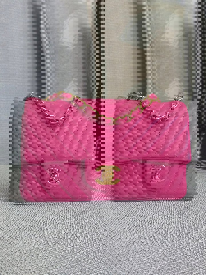 Chanel series 21 Barbie Pink Lambskin Chevron Mini Rectangular Flap Bag with Yellow GHW