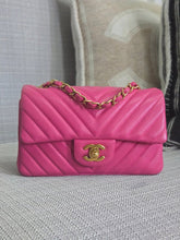 Load image into Gallery viewer, Chanel series 21 Barbie Pink Lambskin Chevron Mini Rectangular Flap Bag with Yellow GHW
