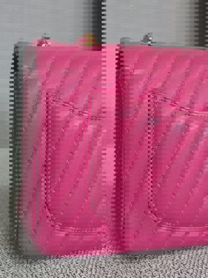 Chanel series 21 Barbie Pink Lambskin Chevron Mini Rectangular Flap Bag with Yellow GHW