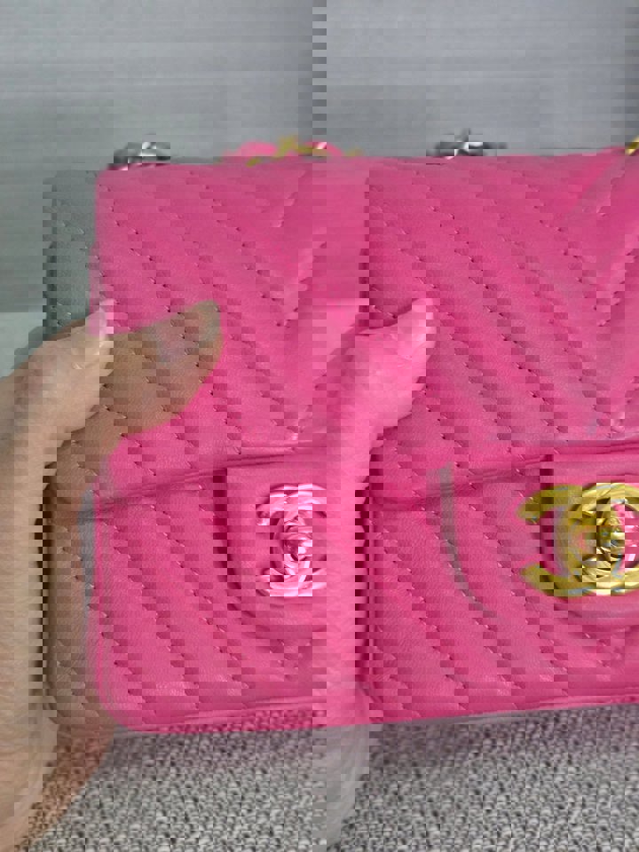 Chanel series 21 Barbie Pink Lambskin Chevron Mini Rectangular Flap Bag with Yellow GHW