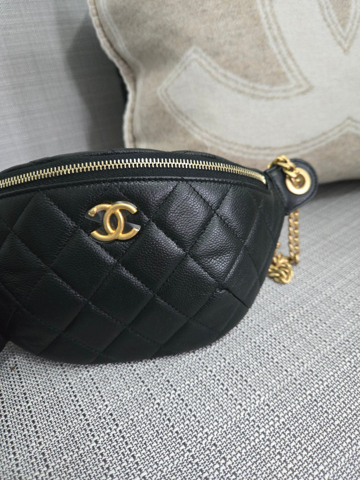 Chanel 24B 2024 Fall/Winter Black Caviar GHW Sweetheart Adjustable chain Waist Bag/Fanny Bag/Bum Bag
