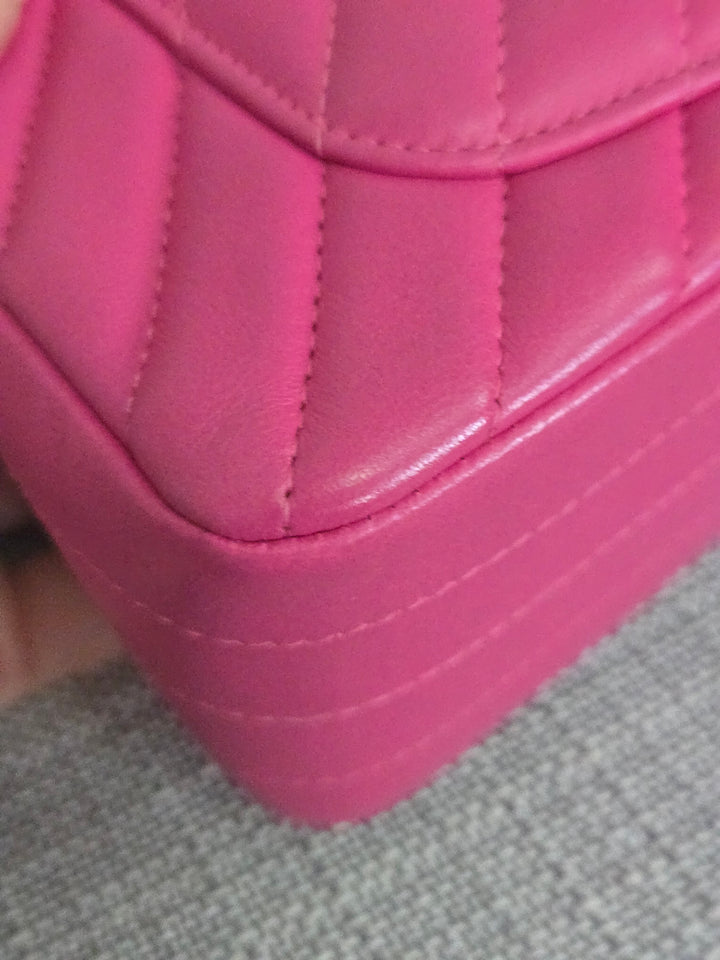Chanel series 21 Barbie Pink Lambskin Chevron Mini Rectangular Flap Bag with Yellow GHW