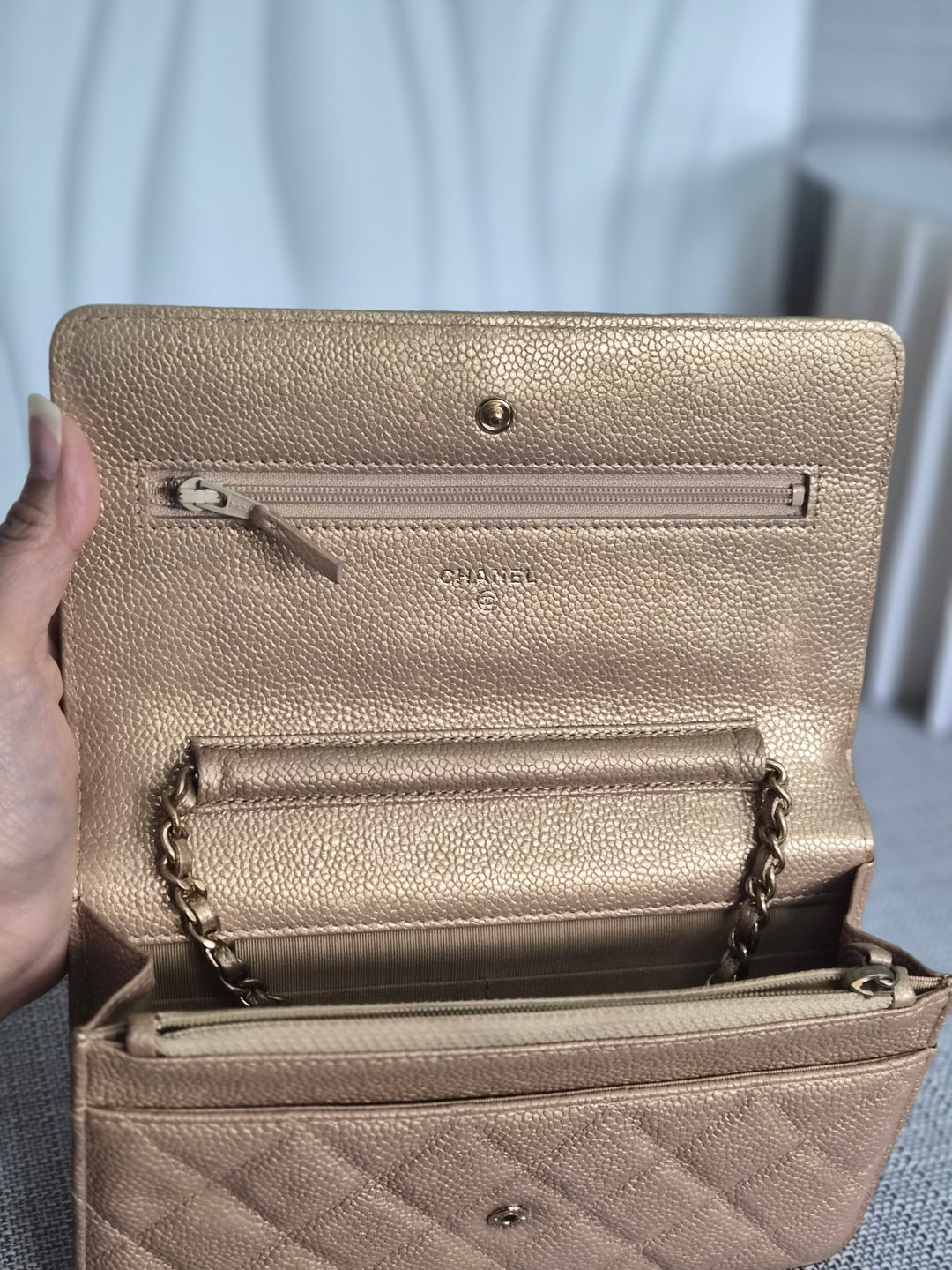 CHANEL series 20 2015 15B collection Gold Caviar Aged GHW Classic Wallet On Chain (WOC)