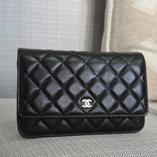 Load image into Gallery viewer, Chanel Black Caviar Classic Wallet on chain (WOC) with silver hardware
