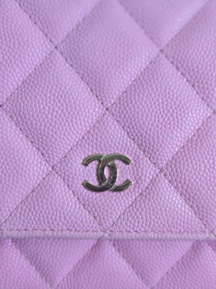 Chanel 23P Collection 2023 Mauve undertone Pink Caviar Champagne GHW Classic Wallet on chain (WOC)