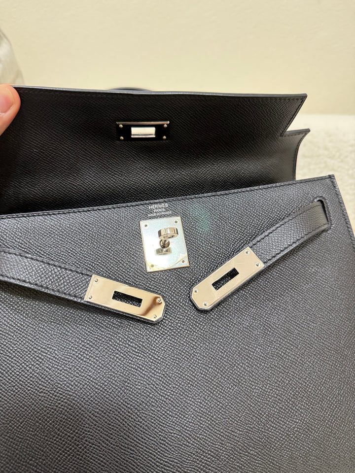 Hermes Kelly 28 in Black Noir Epsom Sellier Leather PHW Stamp R 2014