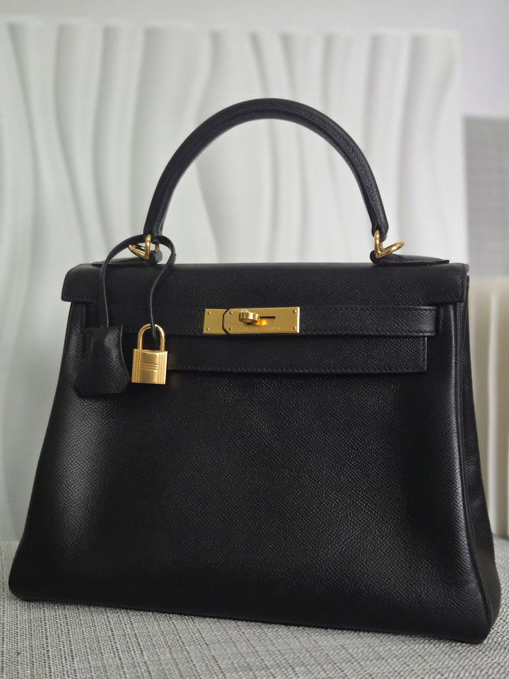 Hermes Noir/Black Epsom Leather GHW Kelly 28 stamp N 2010