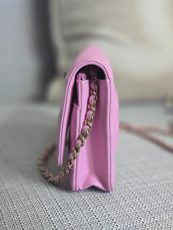 Chanel 23P Collection 2023 Mauve undertone Pink Caviar Champagne GHW Classic Wallet on chain (WOC)