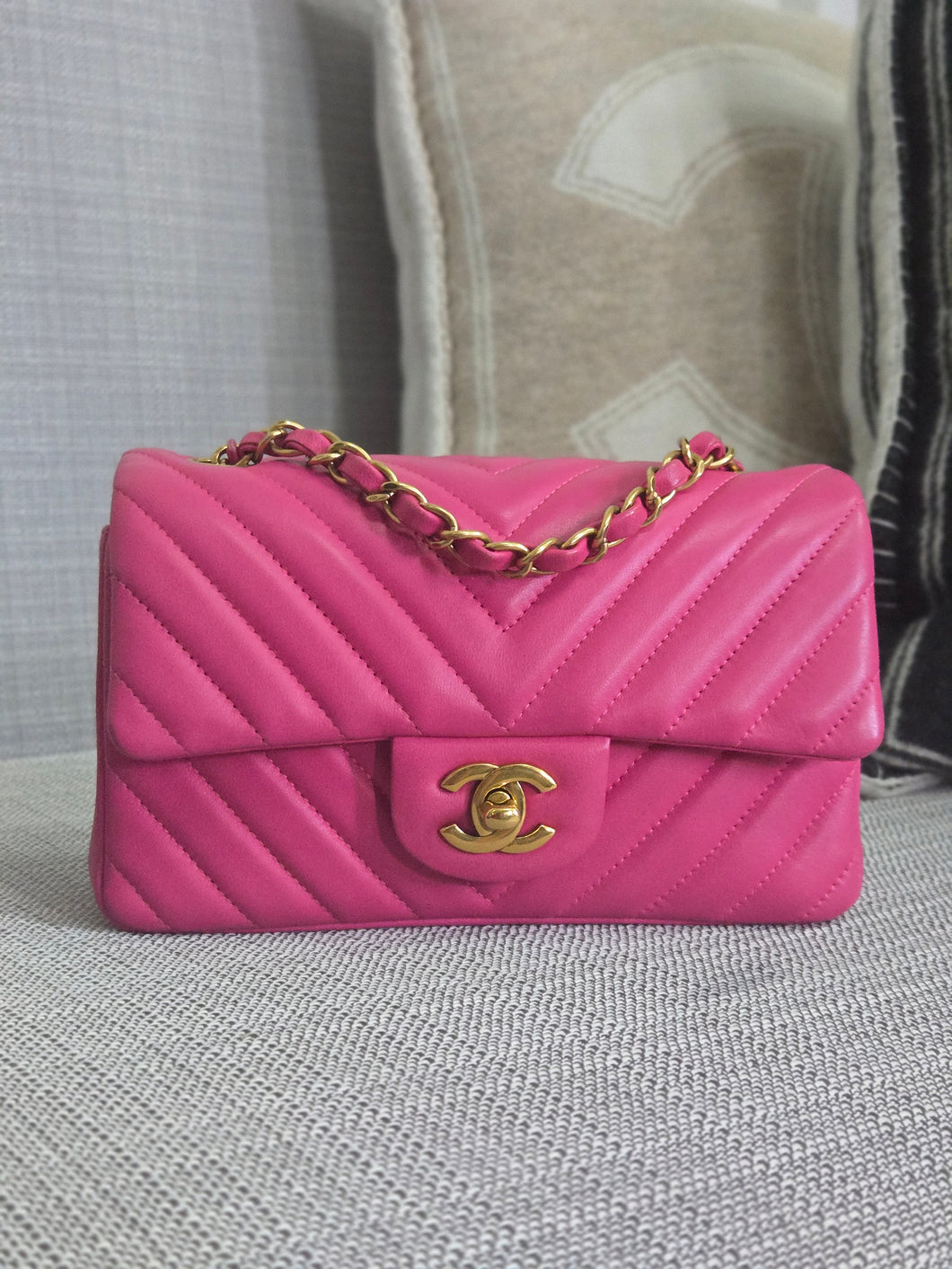 Chanel series 21 2015 Hot Pink Lambskin Chevron Mini Rectangular Flap Bag with Yellow GHW