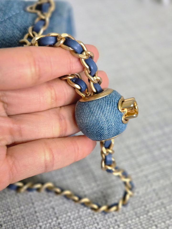 CHANEL 23C 2022/2023 Cruise collection Denim Pearl Crush Adjustable Chain Mini Rectangular Flap Bag with Aged GHW