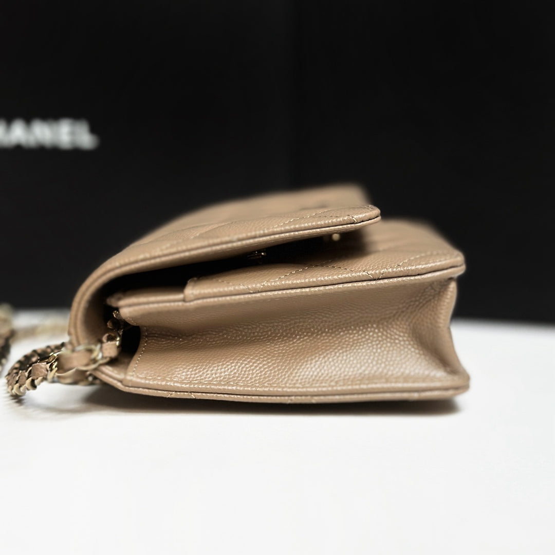 CHANEL 22A collection 2022 Dark Beige Caviar LGHW Classic Wallet On Chain (WOC)