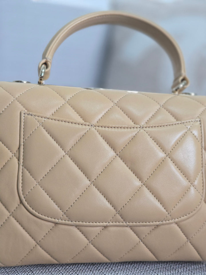 Chanel series 26 2018 Beige Lambskin Trendy CC Flap Bag with Top Handle Size Small with Champagne GHW and detachable Shoulder strap