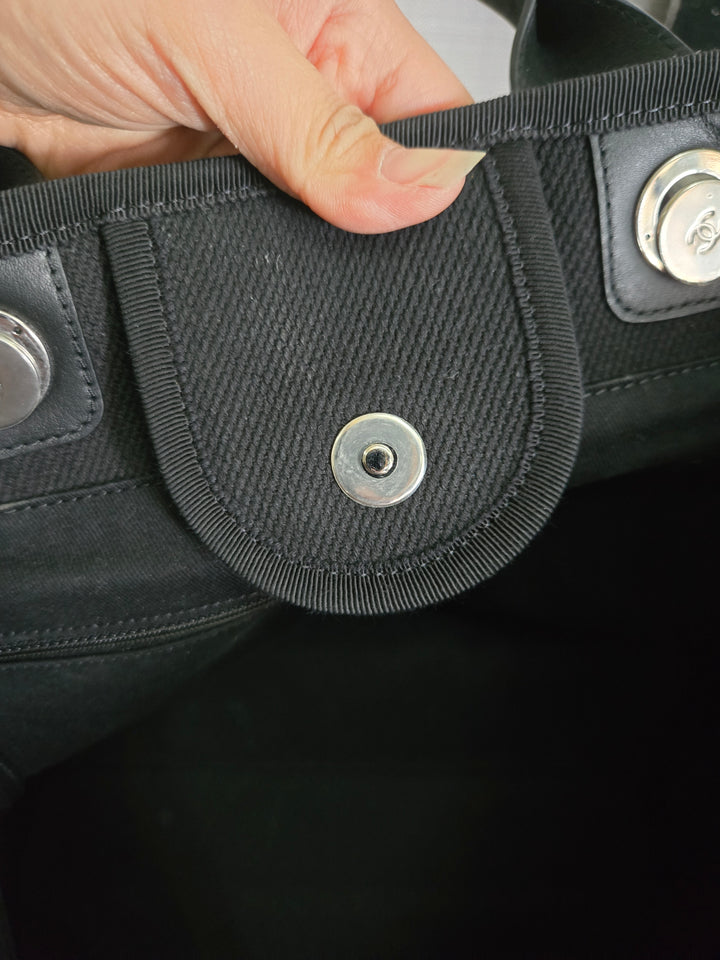 Chanel 20S 2020 Spring/Summer Collecion Black Canvas With Pearl Embossed Deauville Tote Bag with Leather Top Handle Size Medium/Large