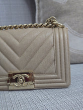 Load image into Gallery viewer, Chanel series 26 18A 2018 Fall/Winter Collection Iridescent Light Beige Chevron Caviar Le Boy Flap Bag size Small with Shiny GHW
