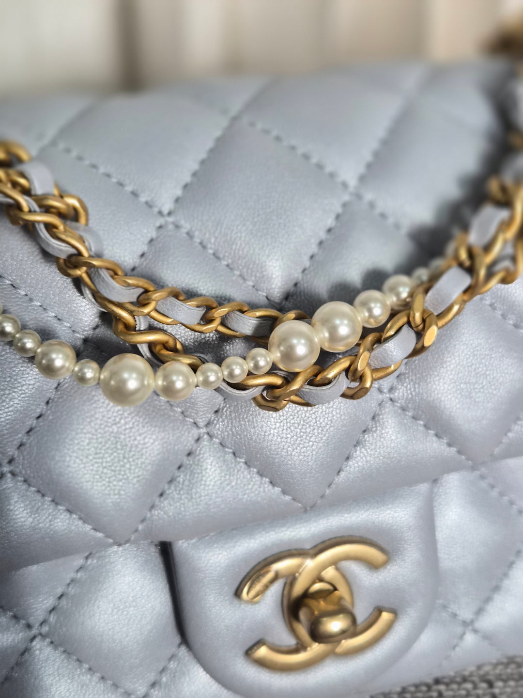 CHANEL Pearl Twist Pearly Silver Light Blue Lambskin Mini Flap Bag