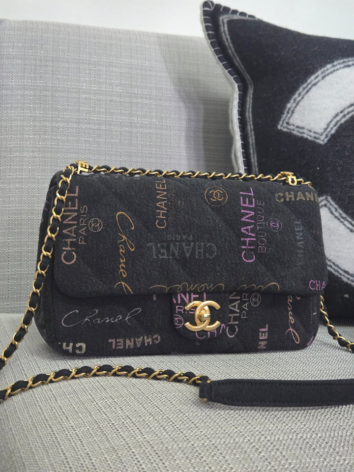 Chanel 22P collection Black Denim Mood Flap Bag with Aged GHW size Medium (25 cms)