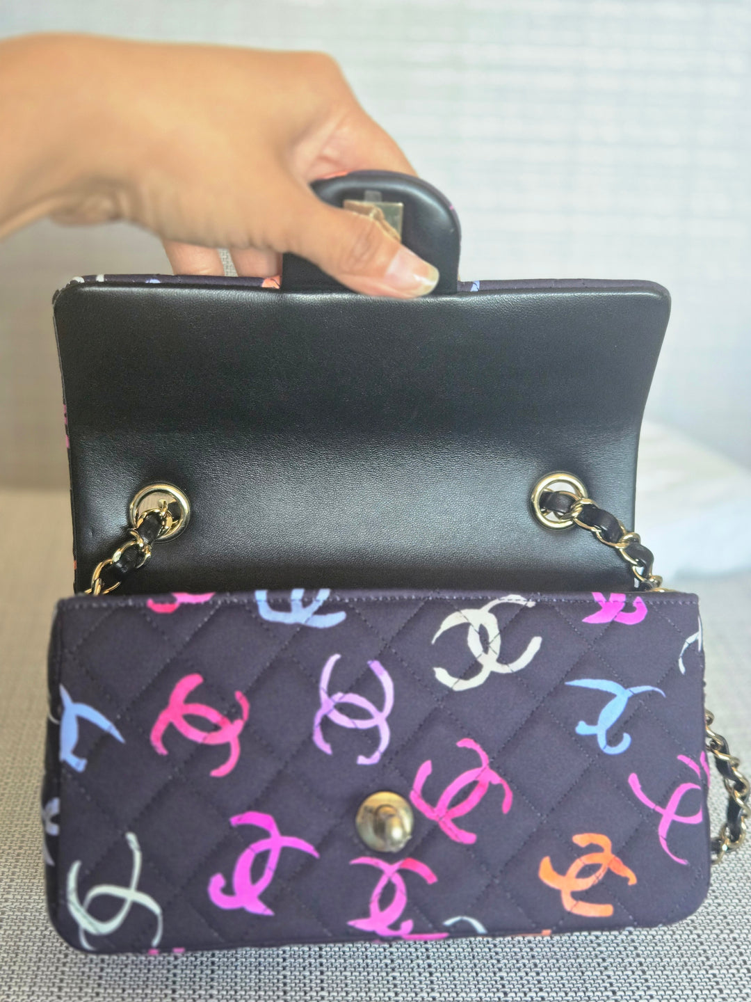 Chanel 24S collection Navy Multi color Jersey Mini Rectangular Flap Bag with Champagne GHW