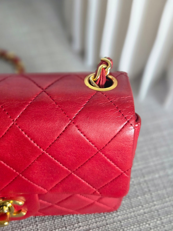 Chanel series 1 Red Lambskin 24K GHW Vintage Classic Mini Square Flap Bag
