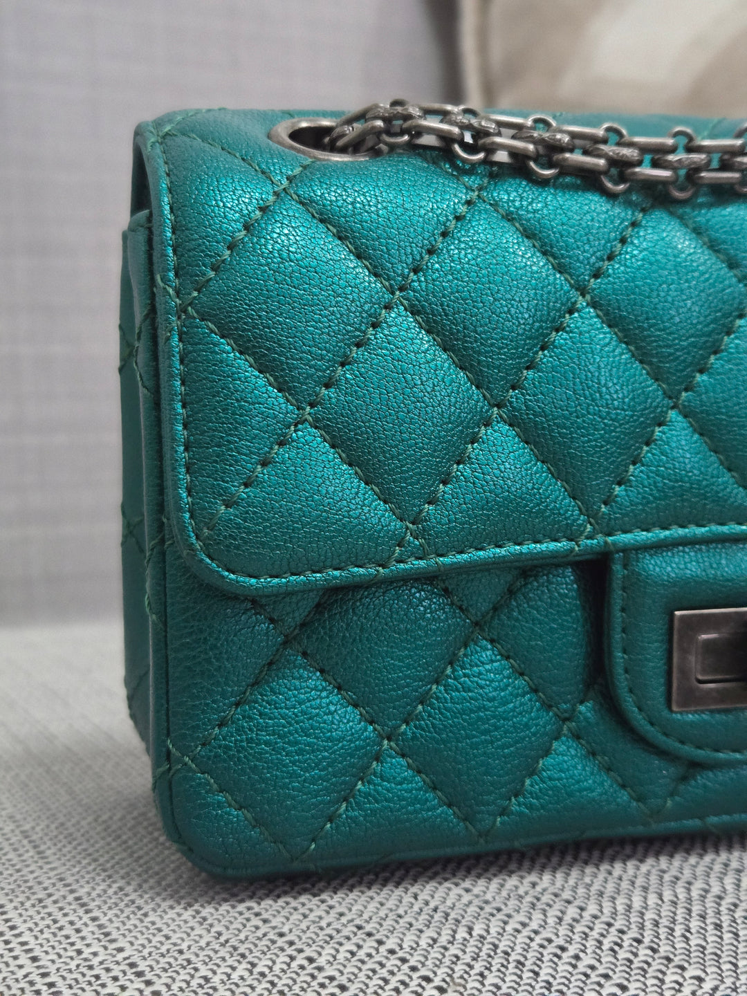 Chanel Series 28 Emerald Green Turquoise Calf skin 2.55 Reissue Mini Flap Bag with Ruthenium Hardwars