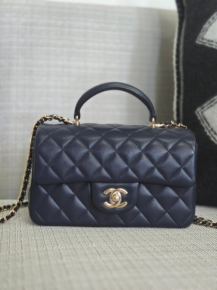 Chanel Navy Lambskin Mini Rectangular Flap Bag with Champagne GHW and Top Handle