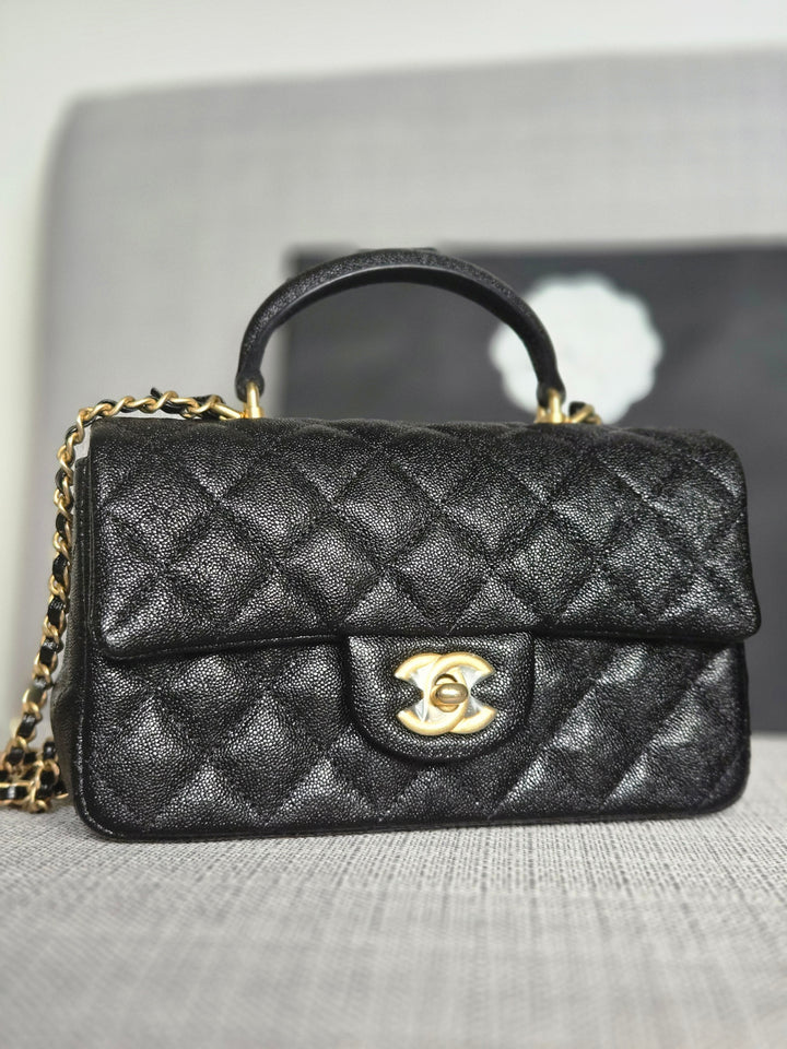 Chanel series 31 21S 2021 Collection Black Caviar Aged GHW Mini Rectangular Flap Bag with Top Handle