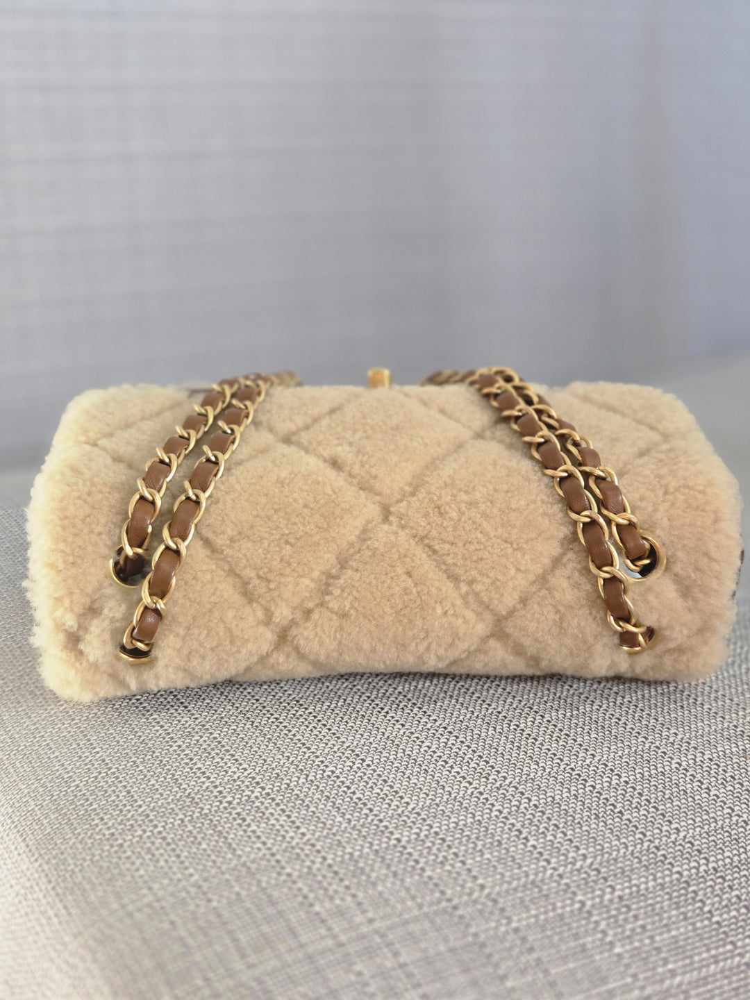 Chanel 24K 2024 Fall/Winter Collection Beige Brown Teddy Shearling MEDIUM flap Bag with Aged GHW