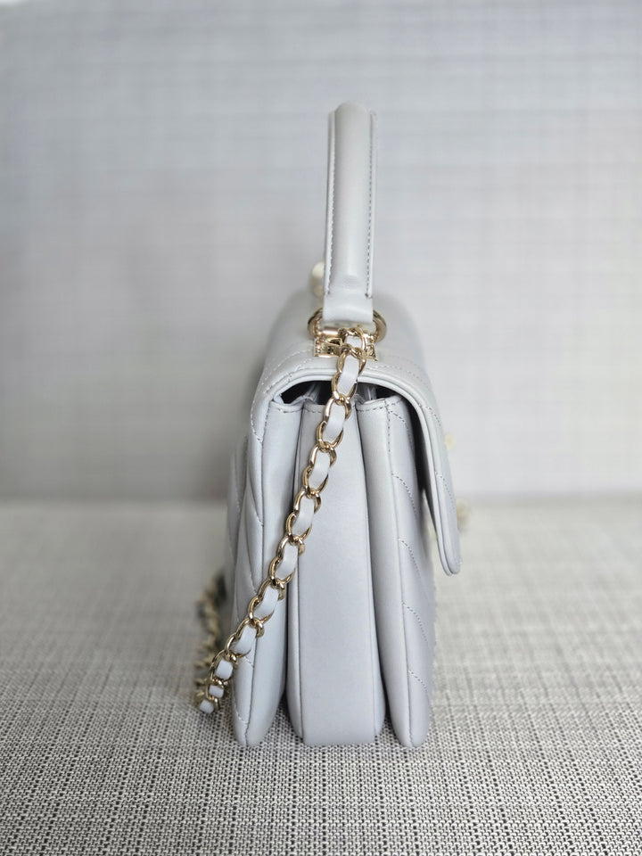 Chanel series 25 Grey Lambskin Chevron Trendy CC Top Handle Flap Bag Size Small with Champagne GHW and Detachable Shoulder strap