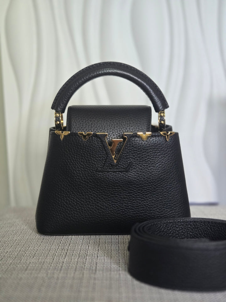 LOUIS VUITTON LV Capucines Mini Flower Crown Line in Black Taurillon Leather with detachable strap 2023