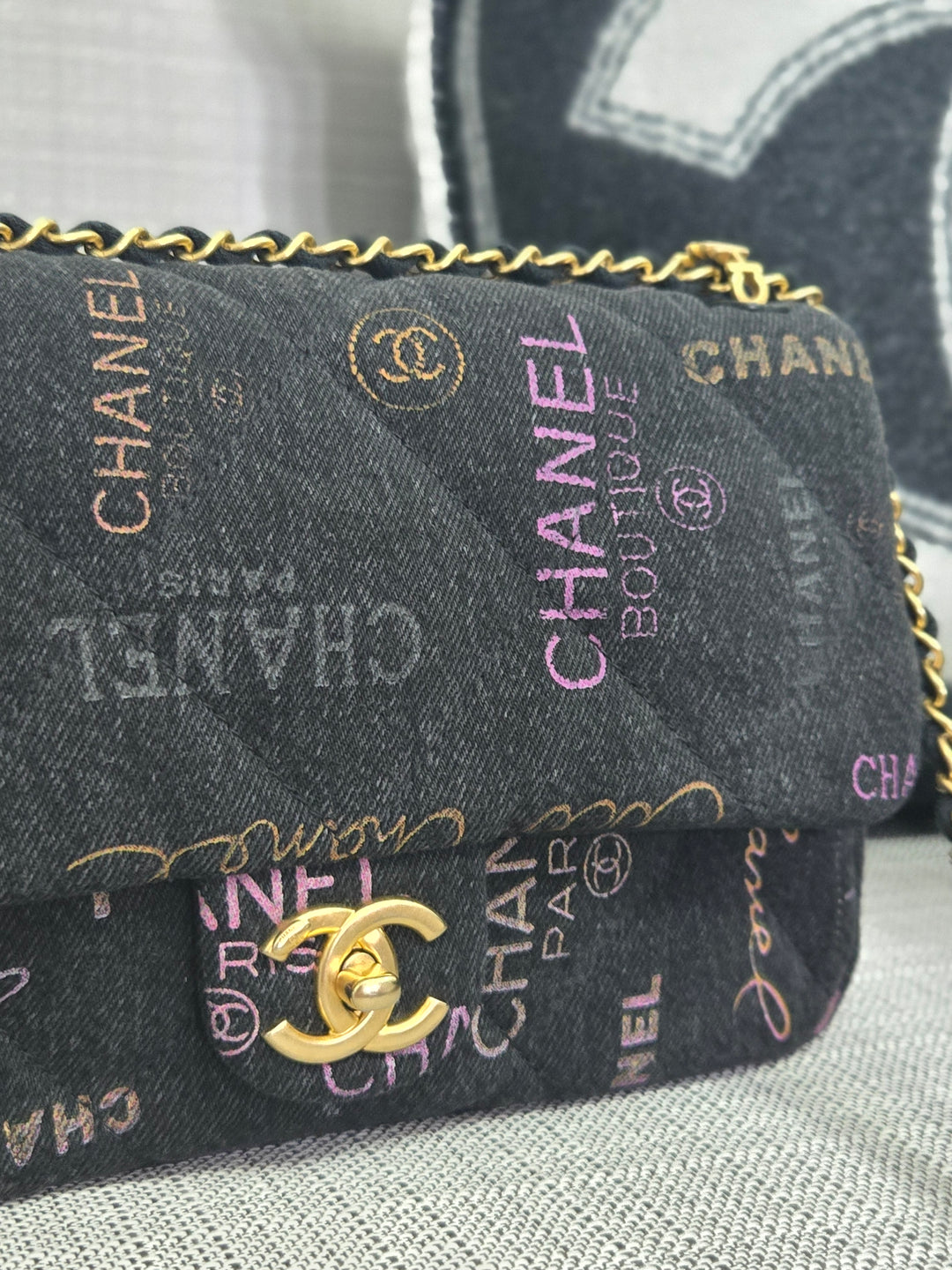 Chanel 22P collection Black Denim Mood Flap Bag with Aged GHW size Medium (25 cms)