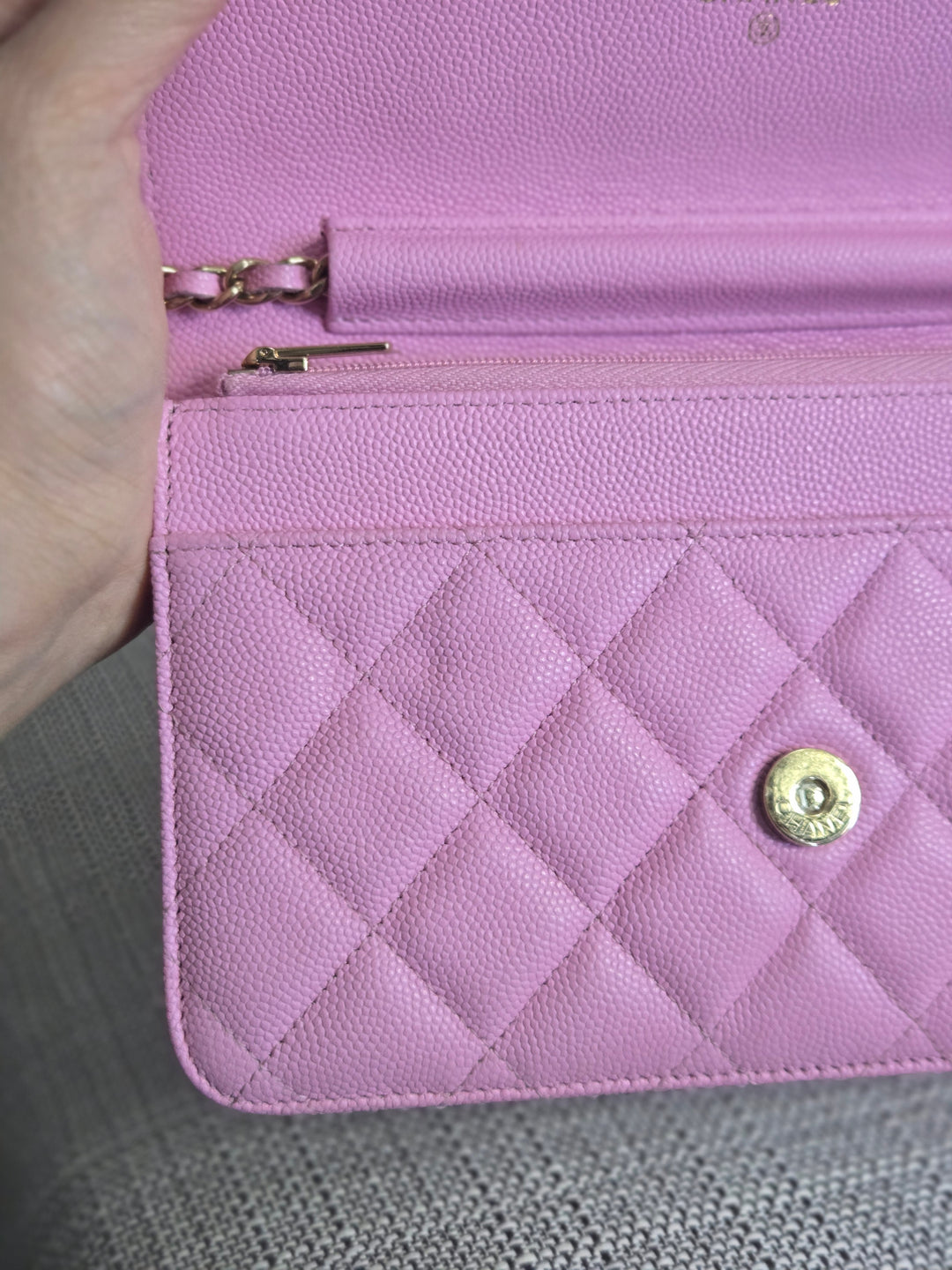 Chanel 23P Collection 2023 Mauve undertone Pink Caviar Champagne GHW Classic Wallet on chain (WOC)