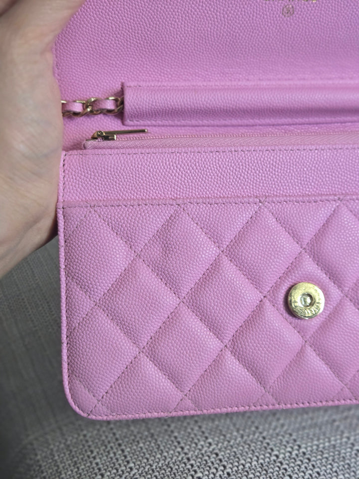 Chanel 23P Collection 2023 Mauve undertone Pink Caviar Champagne GHW Classic Wallet on chain (WOC)