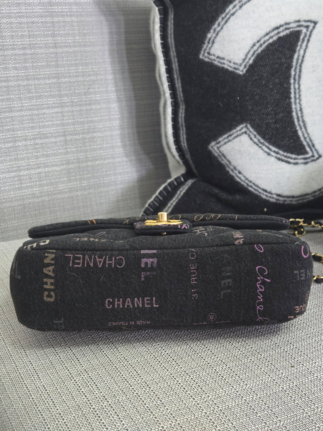 Chanel 22P collection Black Denim Mood Flap Bag with Aged GHW size Medium (25 cms)