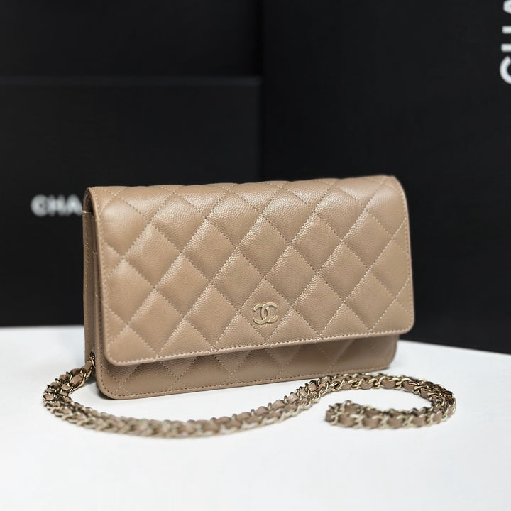 CHANEL 22A collection 2022 Dark Beige Caviar LGHW Classic Wallet On Chain (WOC)