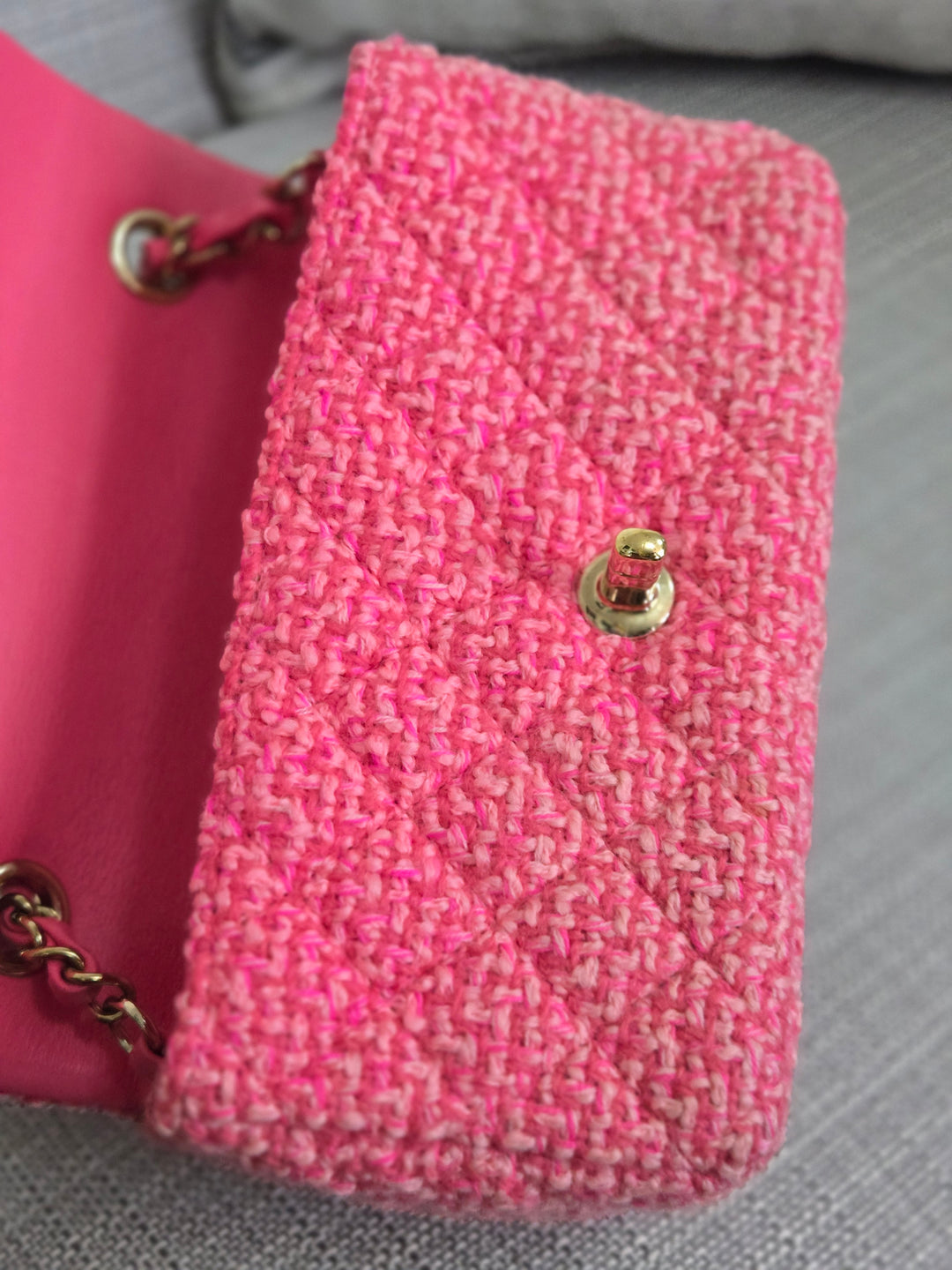 Chanel 22B 2022 Fall/Winter Fuchsia/Light Pink/Dark Pink Tweed Mini Rectangular Flap Bag with Champagne GHW